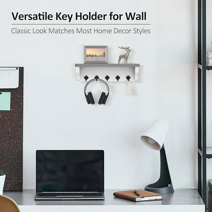 Nekon Key Holder for Wall, 11.8" W x 3.5" H x 2.8" D Decorative Key Organizer with Floating Shelf, Wall Mount Key Rack with 5 Hooks (Gray)
