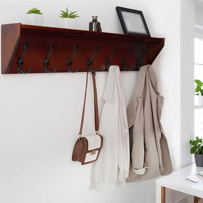 WEBI Coat Rack Wall Mount with Shelf,35" Long Wall Shelf with Hooks Underneath,7 Triple Hooks for Entryway,Hallway,Bedroom,Cherry