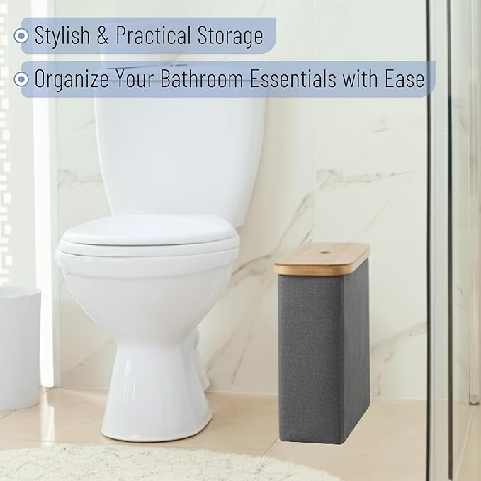 BAMBOO LAND- Toilet Paper Storage with Bamboo Lid for 12 Rolls, Gray, Waterproof Bamboo Toilet Paper Holder Basket