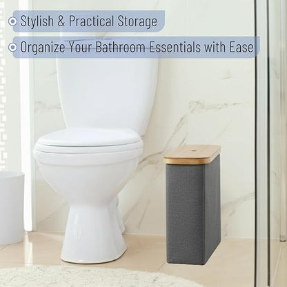 BAMBOO LAND- Toilet Paper Storage with Bamboo Lid for 12 Rolls, Gray, Waterproof Bamboo Toilet Paper Holder Basket