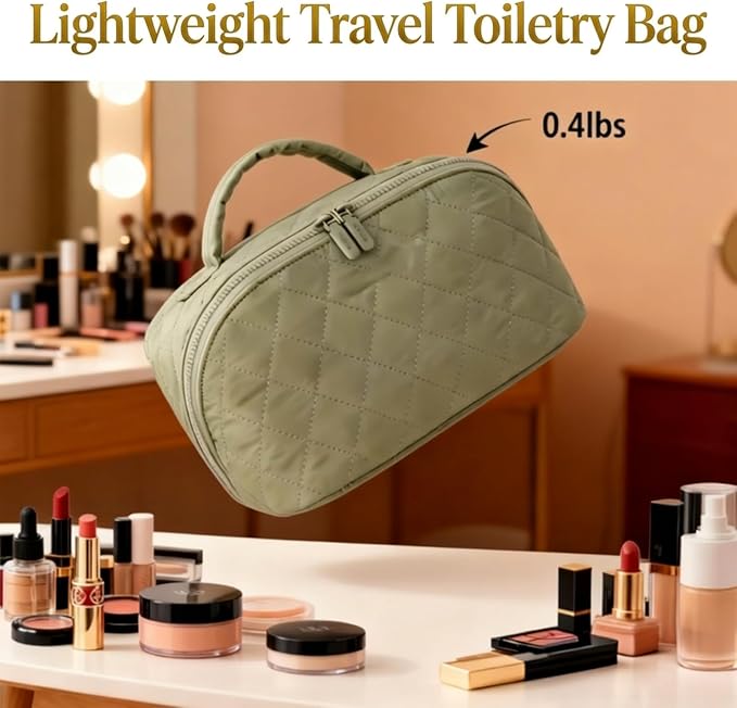 Illuminate Makeup Bag Organizer for Women Large Capacity Travel Toiletry Bag Wide Open Lay-Flat Cosmetic Bags Puffy Makeup Case with Compartments Waterproof Pouch for Toiletries & Brushes (Green)
