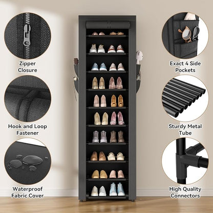 ROJASOP Shoe Rack with Covers 10 Tier Large Shoe Organizer Tall Shoe Closet Storage for 20-22 Pairs Shoe and Boot, Free Standing Shoe Rack Organizer for Closet, Entryway, Bedroom, Black