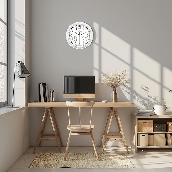 Lafocuse White Outdoor Wall Clocks Waterproof for Patio with Thermometer, 12 Inch Hygrometer Wall Clock for Kitchen Bathroom Garage