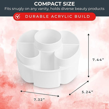 Masirs Small 360 Rotating Makeup Organizer - Mini Yet Spacious Cosmetic Storage Solution with Multiple Compartments - The Perfect Spinning Make-Up Caddy for Vanity or Bathroom Counter (Round - White)