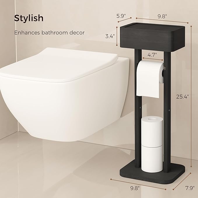Wealone 4-in-1 Black Toilet Paper Holder Stand with Storage Shelf Box, 360° Rotating Bamboo Free Standing Toilet Tissue Roll, Toilet Wipes Dispenser Organizer, Temporary Desktop for Bathroom (Patent)