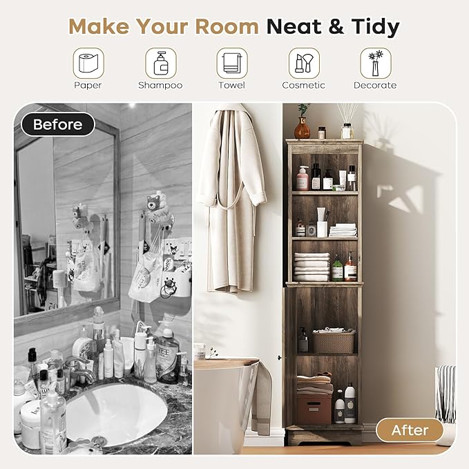 Narrow Bathroom Storage Cabinet with Door and Open Adjustable Shelves, 60.9" H Wooden Tall Tower Corner Farmhouse Cabinet, Freestanding Organizer for Kitchen, Entryway Grey
