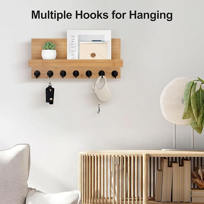 Key Holder Wall Mount, Entryway Key and Mail Holder with 7 Sturdy Hooks for Sunglasses, Dog Leash, Decorative Wall Shelf with Mounting Hardware, 15”W x 6.7”H x 4.2”D