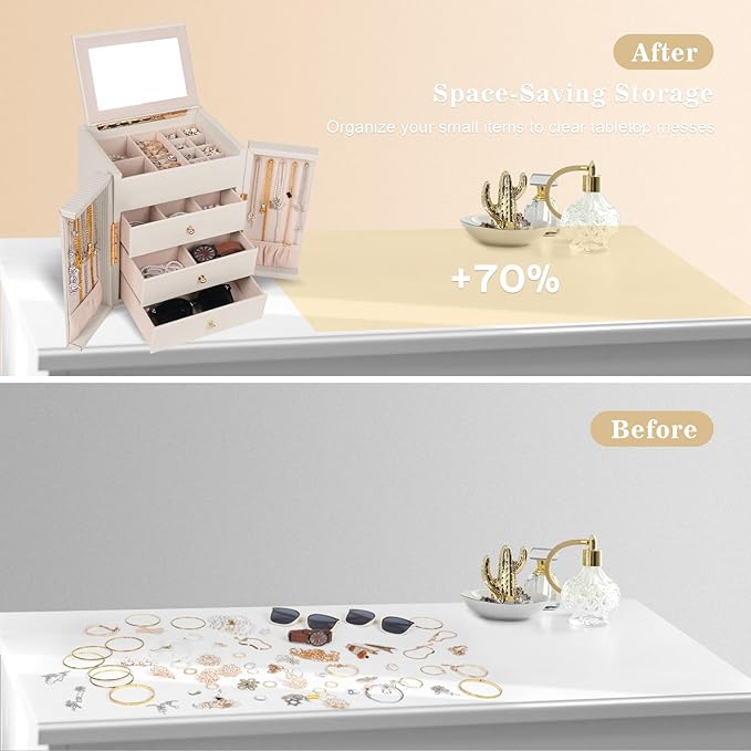 Dajasan Large Jewelry Box for Women, Jewelry Organizer Box with 3 Drawers, Jewelry Storage Organizer with Mirror for Necklace Ring Bracelet Watch, Gift Idea (Beige)