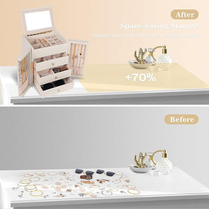 Dajasan Large Jewelry Box for Women, Jewelry Organizer Box with 3 Drawers, Jewelry Storage Organizer with Mirror for Necklace Ring Bracelet Watch, Gift Idea (Beige)