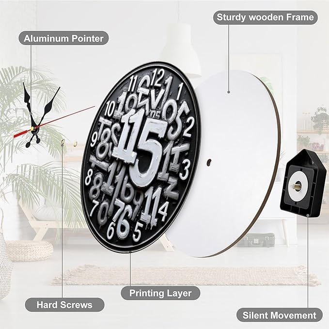 Wall Clock, Abstract Numeric Non Ticking Wall Clocks Battery Operated, Grey Wooden Wall Clocks for Kitchen, Living Room, Bedroom, Office, Bathroom Decorative 10 Inch
