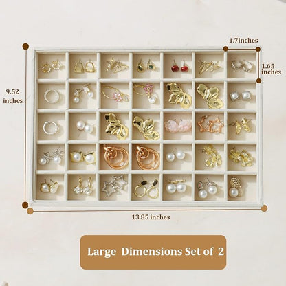 Large Velvet Jewelry Tray 2 Pack Stackable Jewelry Display Drawer Inserts Trays Organizer for Earring Bracelet Necklace Ring (Beige, 35 Grids)