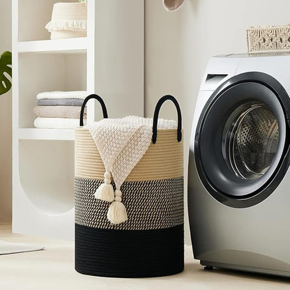 YOUDENOVA Woven Rope Laundry Hamper Basket, 100L Tall Laundry Basket, Baby Nursery Hamper for Blanket Storage, Clothes Hamper for Laundry in Bedroom-Extra Large-Black Brown