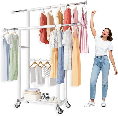 SUFAUY Double Rod 80" Tall Rolling Clothing Garment Rack for Hanging Dresses Clothes, with Caseter Wheels & Adjustable Rod & Shelves, White