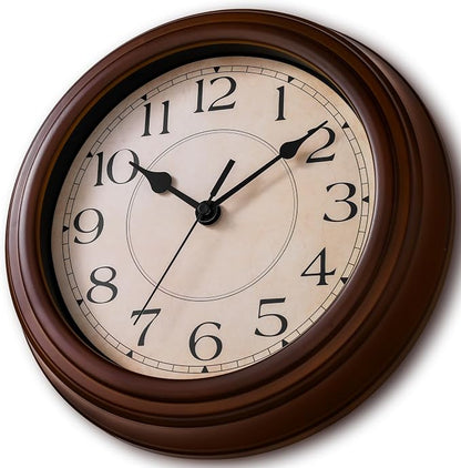 KECYET Wall Clock, 9 Inch Silent Battery Operated Non-Ticking Wall Clock Classic Decorative for Living Room, Kitchen,Office, Bedrooms(Brown)