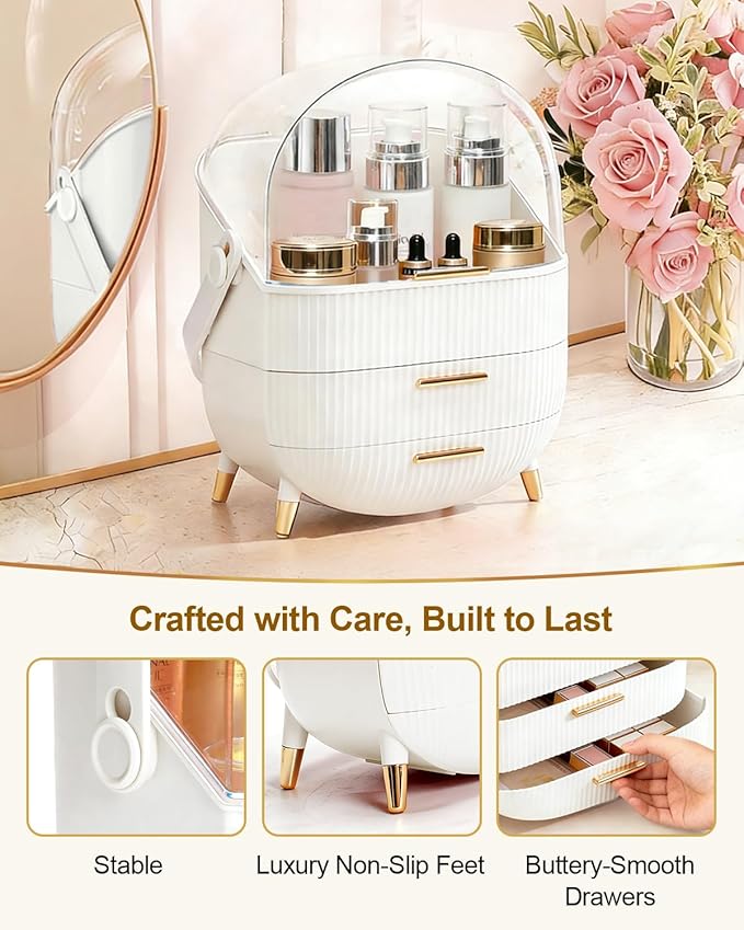 Makeup Organizer and Storage for Bathroom Vanity Countertop, Portable Travel Cosmetic Display Cases with Lid and Drawers, Gift for Women and Girls -White
