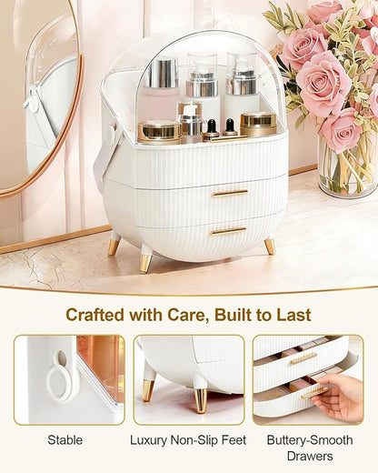 Makeup Organizer and Storage for Bathroom Vanity Countertop, Portable Travel Cosmetic Display Cases with Lid and Drawers, Gift for Women and Girls -White