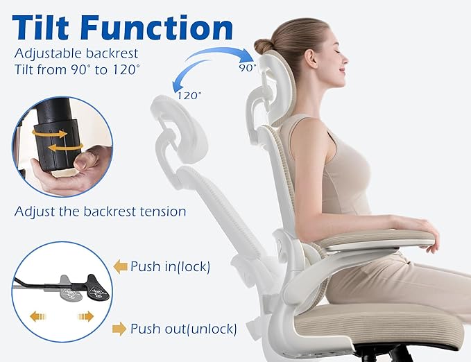 TRALT Ergonomic Office Chair - Desk Chair with Adjustable Headrest Lumbar Support Computer Chair - Mesh Comfy Chair with Flip-up Armrests - Gaming Chairs for Adults Home Office (Leather, Beige)