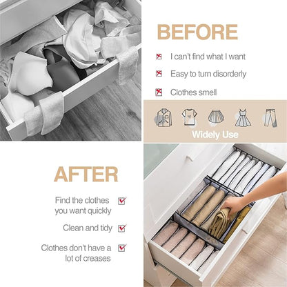 Wardrobe Clothes Organizer 7 Grids Portable Closet Organizer Mesh Separation Storage Box Foldable Closet Drawer Organizer for Underwear Socks Scarves Leggings (Grey, 4 Leggings Grid)