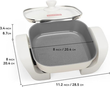 8-inch Ceramic Coated Electric Skillet with Lid, Non Stick Skillet Griddle Pan Electric, Rapid Heat Up, 650W, Breakfast Skillet, Kitchen Appliances for Cooking, White