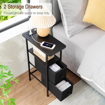 Narrow Nightstand with Charging Station, End Tables Living Room Set of 2, Skinny Side Table with Fabric Drawers, Slim Sofa Table for Bedroom, Small Spaces, Couch, Black, HETNDP02BK