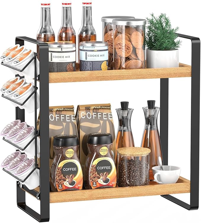 LEMIKKLE Coffee Station Organizer for Counter,Condiment Storage Caddy for Kitchen,2 Tier Wooden Shelf for Coffee Bar Accessories,Coffee Bar Organizer for Kitchen, Home, Office-Brown