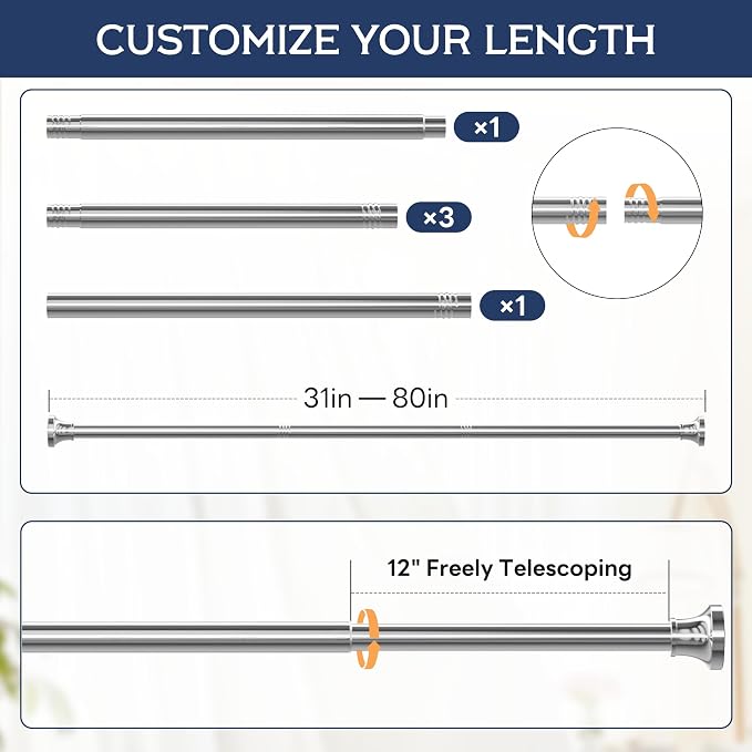 STARLATTA Adjustable Shower Curtain Rod 31-80 Inch, Never Rust Stainless Steel Silver Tension Rod, 1" Heavy Duty No-Drill for Bathroom, Kitchen & Closet
