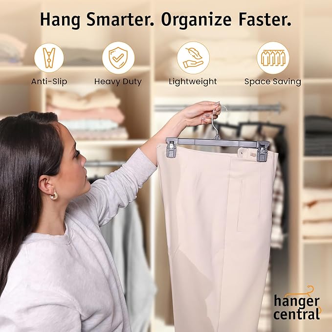 12 Inch 12 Pack Pants Hangers, Slim Plastic Clothes Hangers with Clips for Skirts, Pants, Shorts, Space Saving Heavy Duty Closet Organizer with Non Slip Grip & Swivel Hook – Black