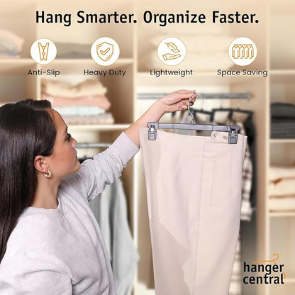 12 inch 30 Pack Pants Hangers Slim Plastic Clothes Hangers with Clips for Skirts, Shorts & Trousers – Non Slip Grip, Heavy Duty Space Saver with Swivel Hook – Black Closet Organizer