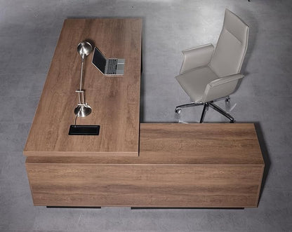 SAINTCY Retractable L-Shaped Executive Desk, Commercial-Grade Office Desk with Reversible Storage Cabinet, Modern Executive Desk with Drawers and Lateral File Cabinet for Home & Business Office