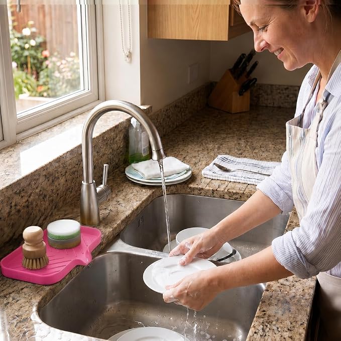 MicoYang Silicone Soap Dish with Drain Spout — Self-Draining Sink Organizer Tray for Bathroom & Kitchen, Sponges, Dispensers & Soap Holder, Non-Slip & Dishwasher Safe, Rose (Medium, 9.6"×5.3")