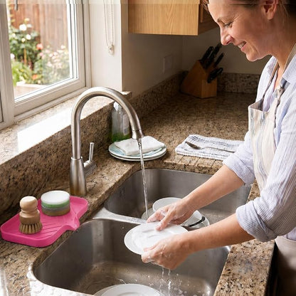 MicoYang Silicone Soap Dish with Drain Spout — Self-Draining Sink Organizer Tray for Bathroom & Kitchen, Sponges, Dispensers & Soap Holder, Non-Slip & Dishwasher Safe, Rose (Medium, 9.6"×5.3")