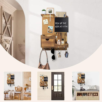 Key Holder Wall Mount， Mail Organizer Key Holder for Wall with Shelf, Drawer, Chalkboard, Corkboard, Home Decor Wall Mounted for Room Entryway(Natural Wood)