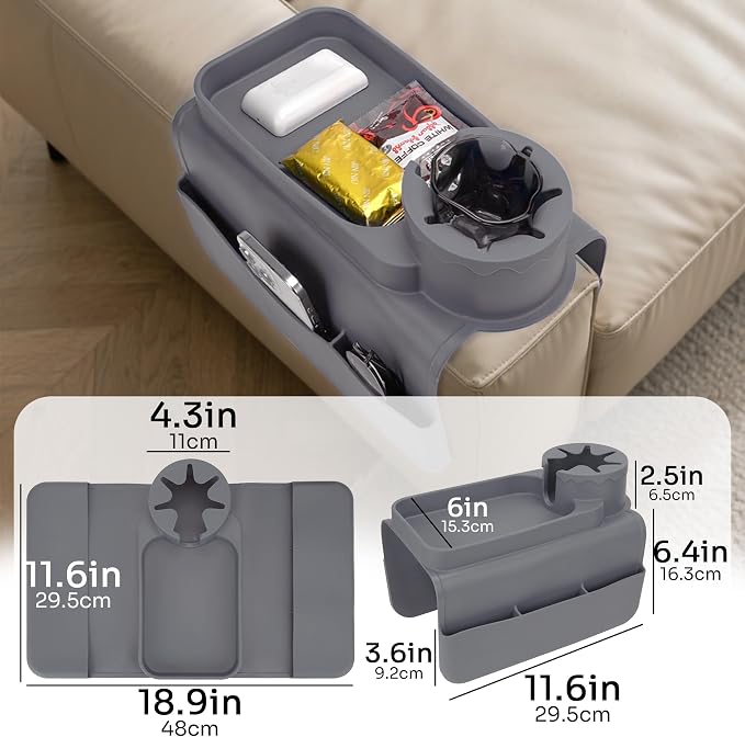 Silicone Couch Caddy for Wide Arms (6-12") with Cup Holder & Deep Sofa Remote Pockets - Anti-Slip Couch Arm Tray Table for Drinks, Phone, Snacks - Living Room Organizer (Gray)