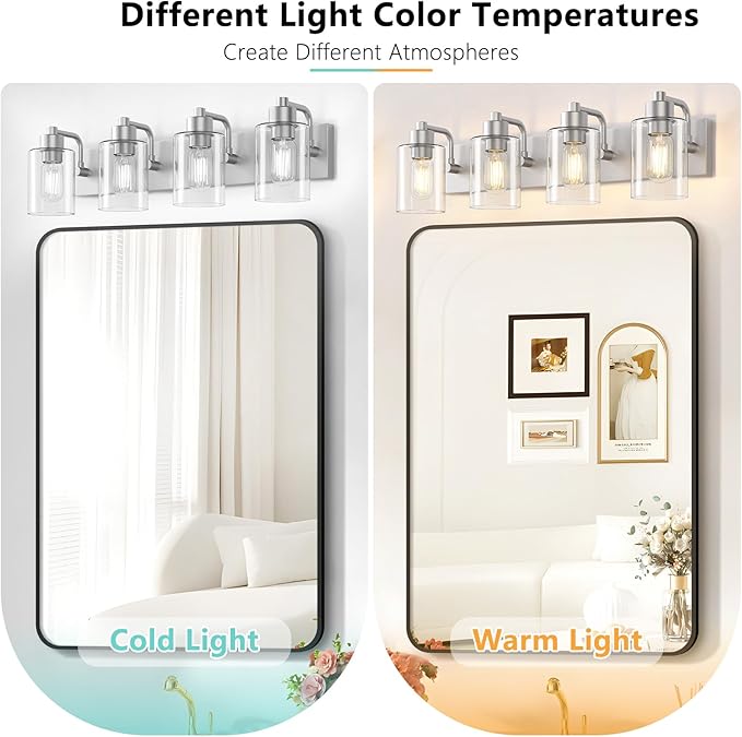 Brushed Nickel Bathroom Light Fixtures, Wall Mounted 4-Light Bathroom Lights Over Mirror with Clear Glass Shade,Wall Sconces for Kitchen Living Room Bedroom