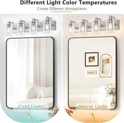 Brushed Nickel Bathroom Light Fixtures, Wall Mounted 4-Light Bathroom Lights Over Mirror with Clear Glass Shade,Wall Sconces for Kitchen Living Room Bedroom