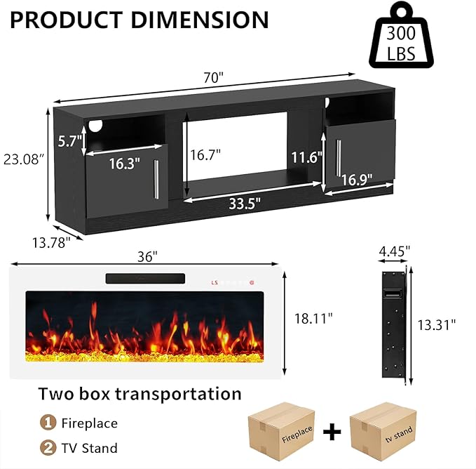 PRETZI Fireplace TV Stand with 36" Fireplace Up to 80" TVs,70" Entertainment Center with LED Lights,Remote Control,TV Media Console with Storage Cabinets for Living Room,White+Black