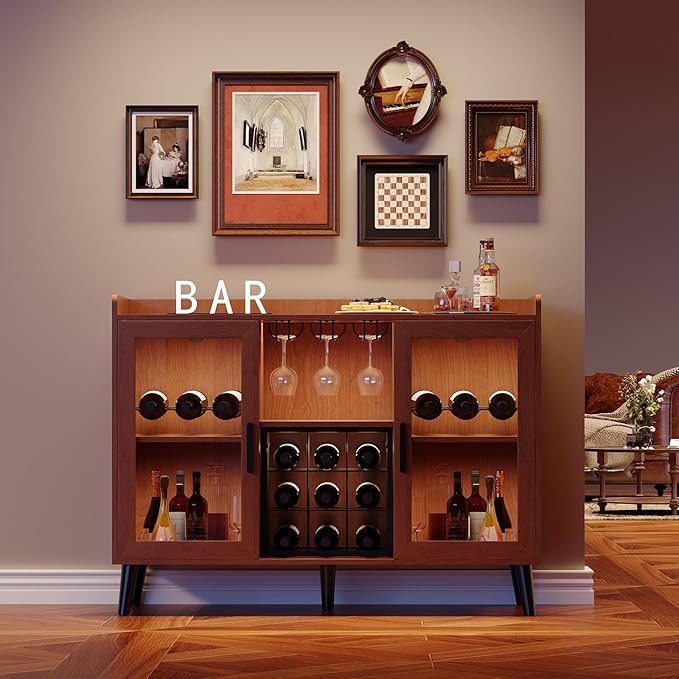 Garvee Modern Wine Bar Cabinet with LED Light, Wood Kitchen Coffee Bar Home Liquor Cabinets with Glass Holder, Doors and Wine Racks Buffet Sideboard with Storage for Living Room