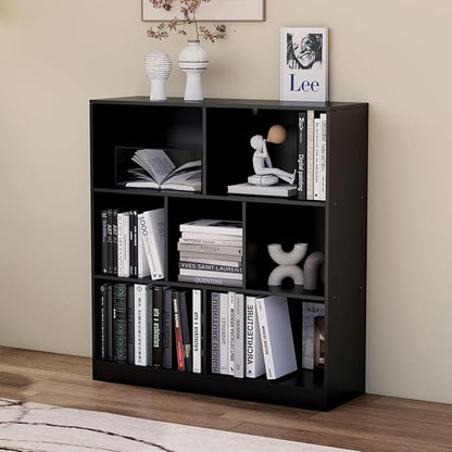 Black Bookshelf, Wooden Bookshelf with Base, Cube Storage Organizer, Bookcase for Living Room,Bedroom,Study and Office(Black, 7-Cube)