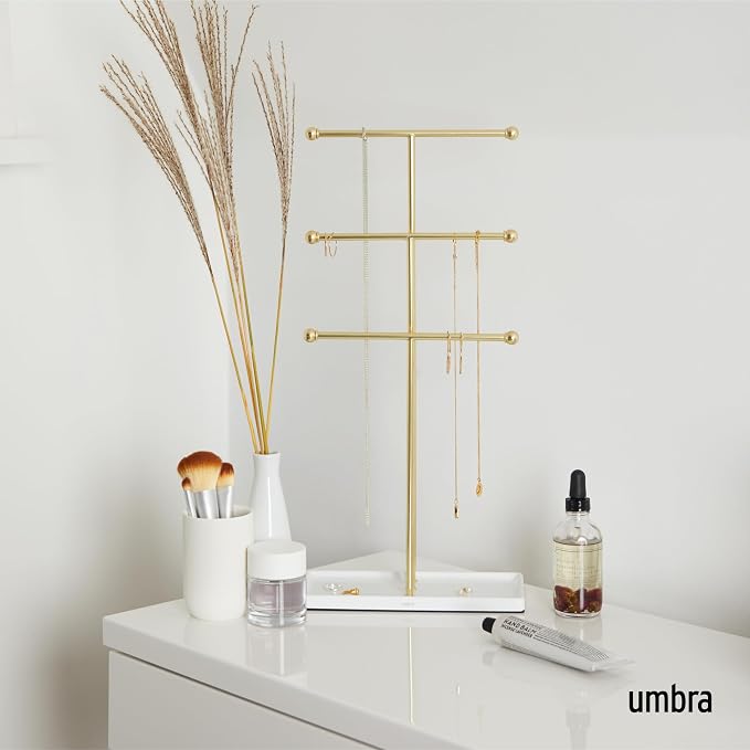 Umbra Trigem Hanging Jewelry Organizer Tiered Tabletop Free Standing Necklace Holder Display, White/Gold