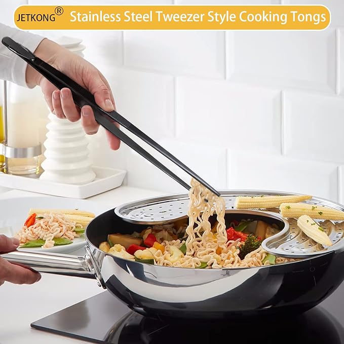 JETKONG 12-Inch Cooking Tweezers Tongs Precision Serrated Tips Stainless Steel Chef Tweezer, Set of 3 (12 12 12 Inch, Black)