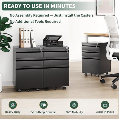 3 Drawer File Cabinet with Lock,Under Desk Rolling Small Filing Cabinet for Home Office Storage,Mobile Steel Cabinets with Wheels,Fully Assembled,Black