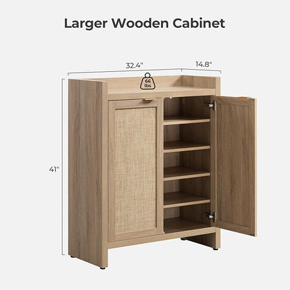 SICOTAS Shoe Cabinet, 24 Pair Shoe Storage Organizer Cabinet, 41" Tall Rattan Shoe Cabinet with Doors and Shelves, 6-Tier Farmhouse Boho Wooden Storage Cabinet for Entryway Hallway Closet, Light Oak