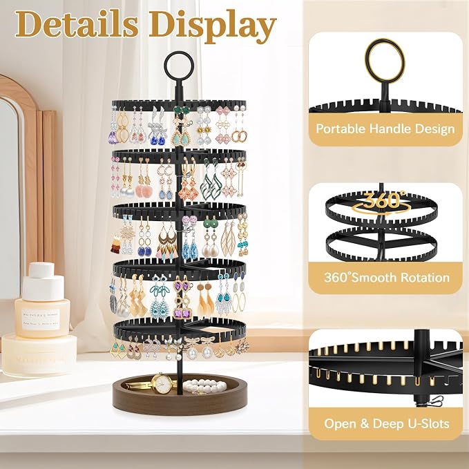 MODOWEY 5 Tier Rotating Earring Holder Organizer Display Tree with Wooden Tray, Adjustable Plastic Stand with 285 Slots for Stud Hoop Hanger, Large Capacity Storage Rack for Women Space Saving, Black