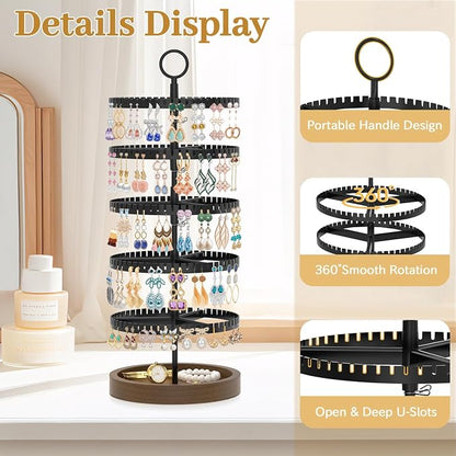 MODOWEY 5 Tier Rotating Earring Holder Organizer Display Tree with Wooden Tray, Adjustable Plastic Stand with 285 Slots for Stud Hoop Hanger, Large Capacity Storage Rack for Women Space Saving, Black