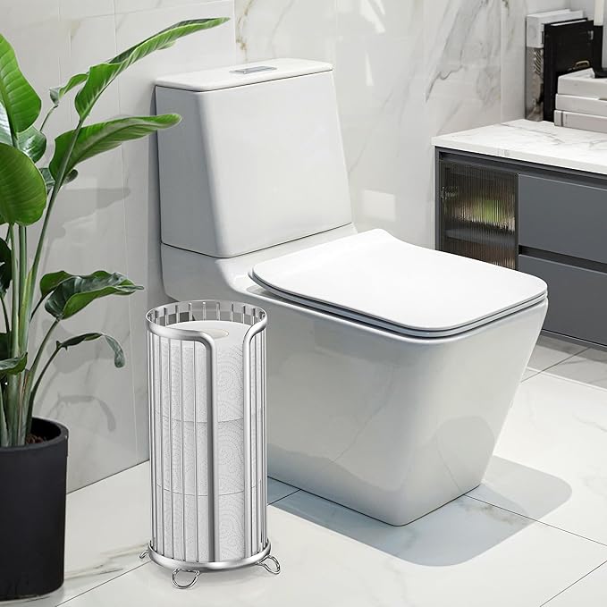 Toilet Paper Holder Stand, Freestanding Toilet Tissue Organizer, Minimalistic Storage Solution, Reserve Mega Rolls-Silver