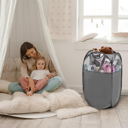TECHMILLY Pop Up Foldable Laundry Basket, Mesh Laundry Hamper with Reinforced Handles for Dirty Clothes Storage in Dorm, Laundry Room, Bathroom, Grey(Fabric)