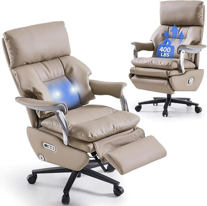 EMIAH Ergonomic Office Chair with Foot Rest Electric Executive Office Chair Reclining with Massage Big and Tall High Back Computer Chair with Wheels, Genuine Leather (Light Khaki)