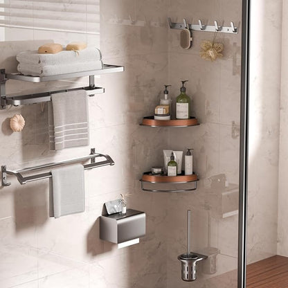 1 Pack Walnut Color Wall-Mounted Corner Caddy for Bathroom - No Drill Triangle Corner Storage Rack with Glue Accessories, Waterproof Vanity Organizer for Toiletries & Towels