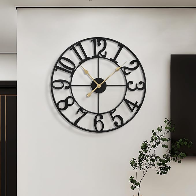 LEIKE Large Wall Clocks for Living Room,Silent,Non Ticking,Battery Operated Oversized Vintage Round Modern Metal Wall Clock for Bedroom,Farmhouse,Office Home Decor-24 Inch(Black-Arabic Number)