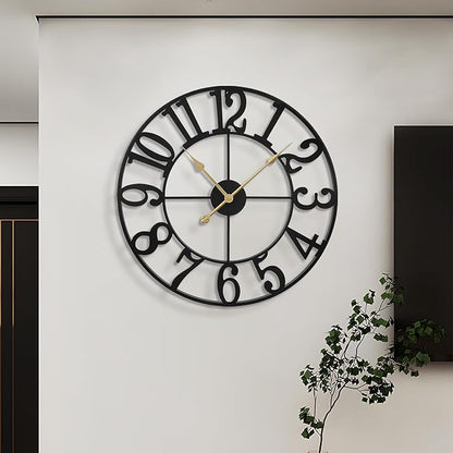 LEIKE Large Wall Clocks for Living Room,Silent,Non Ticking,Battery Operated Oversized Vintage Round Modern Metal Wall Clock for Bedroom,Farmhouse,Office Home Decor-24 Inch(Black-Arabic Number)